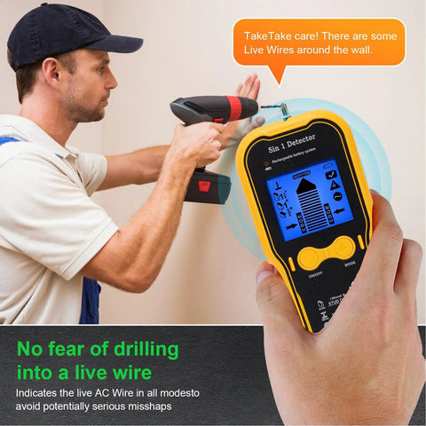 AUNMAS ABS Construction Handheld Stud Finder Wall Scanner with LCD Display in use detecting live wires during drilling.