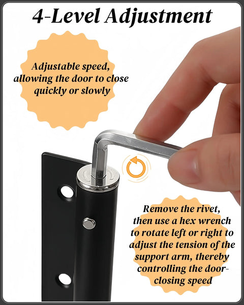 Automatic Door Closer For Lightweight Doors Under 100 Lbs With 150 Degree Spring Hinges, Adjustable Catch Speed, Stainless Steel Soft Close Auto Top Latches, Arm, Screws, Wrench Included, White Finish being adjusted with hex wrench