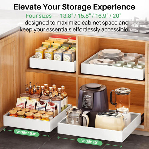 Legit Heavy Duty Pull Out Cabinet Organizers in frameless kitchen, sizes 15.8in and 20in, showcasing storage for spices and appliances.