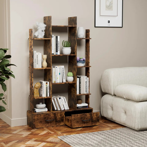 Vintage Industrial Freestanding Bookcase with 12 Shelves and 2 Drawers in Rustic Brown Finish for Living Room Bedroom Study or Home Office