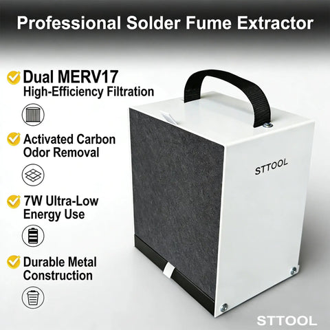 Low Power Solder Fume Extractor With 4 Layer Filtration, Portable Smoke Purifier with handle and features description