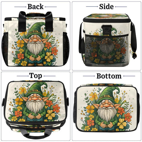 Picnic Backpack With Lunch Box Floral Tote Style Large 12x9x10 Inch Capacity, gnome with flowers design, front, side, top, bottom views.