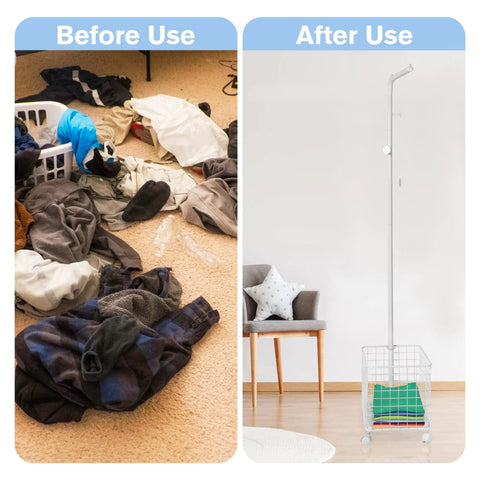 Before and after use of Smooth Rolling Garment Rack With Heavy Duty Hooks And Metal Basket, versatile freestanding clothes organizer for entryway or laundry room.