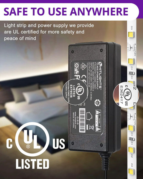 White LED Strip Lights Kit With Remote And 12V Power Supply, UL certified details, showing labeling and certification marks.