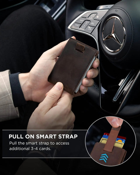 RFID Blocking Slim Bifold Leather Wallet for Men With Front Pocket Money Clip Minimalist Design Durable Genuine Leather in Texas Brown held in hand in car interior.