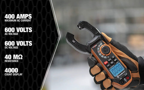 Clamp Meter 400A AC DC True RMS With Hands Free Testing 21530T held by gloved hand, display showing current reading, black brown.