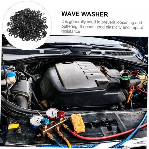 Spring Steel Wave Washer Set 500 Pack Compression Type With Three Wave Design For Solid Load Distribution In Electrical Automotive And Industrial Applications Pre Tempered Flat Wire Uniform Diameters High Elasticity And Anti Loosening Performance, used in engine bay
