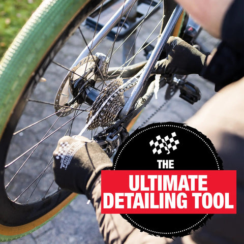 Cyclist using Pro Grade Microfiber Cleaning Rope For Bikes Quick Reach Detailing Tool For Cassettes, Chain Rings