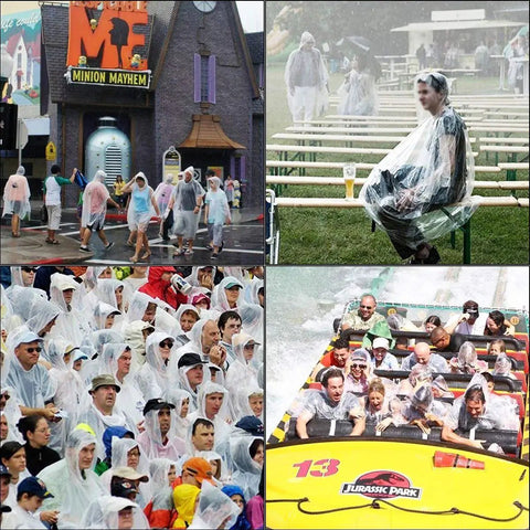 Clear Rain Ponchos With Drawstring Hood, 7 Pack Grab And Go Emergency Disposable Rain Gear For Adults shown in various outdoor settings