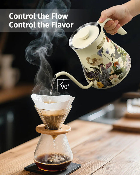 0.8L Gooseneck Electric Kettle With Precise Temperature Control For Pour Over Coffee And Tea, floral design, pouring