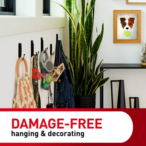 Zero Hassle Replacement Wall Strips For Hooks And Clips Damage Free Adhesive Tape That Sticks Tight Without Damaging Drywall in use with hanging items.