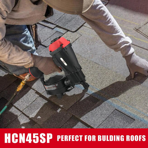 Coil Roofing Nailer For Three Quarters Inch To One And Three Quarters Inch Nails, Pneumatic Roof Nail Gun in use on shingles