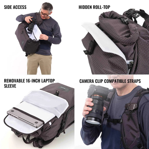 Sidecountry 32 Camera Backpack With Modular Top Loader Inserts Black And White Versatile Everyday Gear Carrier For Pro Photogs Quick Access Pockets Padded Laptop Sleeve Durable Build Travel Ready open side access and laptop sleeve