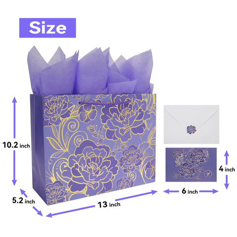 13 Inch Large Rose Purple Gift Bag Set With Greeting Card And Tissue Paper, Gold Foil Accents And Dope Floral Design