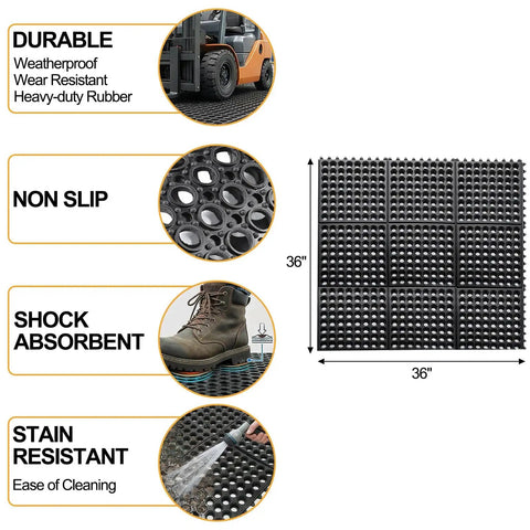 Anti Fatigue Rubber Floor Mat 36 x 36 Inch Interlocking Black Grippy Heavy Duty Anti Slip Kitchen Bar Floor Mat For Restaurant Wet Areas Bath Garage And Garden Use showing features like durability and non-slip.
