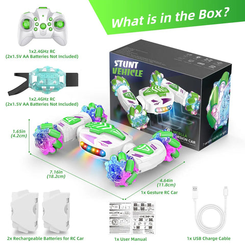 Gesture Sensing RC Car That Transforms Into A Dope Stunt Vehicle With 360 Degree Rotating 4WD Drive And Remote Or Hand Control box contents