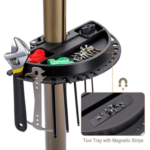 Heavy Duty Bike Repair Stand With 360 Degree Rotating Clamp Holds 1 In To 1.75 In Tubes Rubber Protected 80 Lb Capacity Pro Grade Workstand Tool Tray with Magnetic Stripe