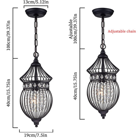 Black Globe Crystal Pendant Chandelier For Farmhouse Lighting, adjustable chain, cage design, matte black finish, dimensions shown