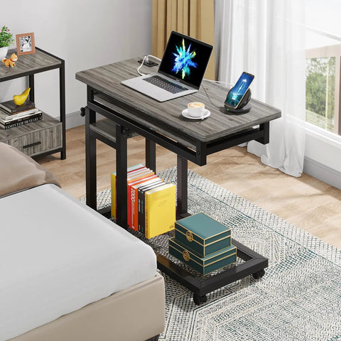 Small Portable Desk With Built In Outlet And USB Ports For Couch Or Bedside Use Height Adjustable Laptop Table On Wheels