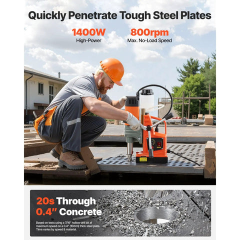 Heavy Duty 1400W Magnetic Drill Press With Two Inch Boring Power And A Rock Solid 2810 Pound Magnetic Base drilling into steel plates.