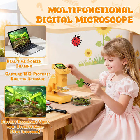 2-In-1 Kids Digital Microscope for Outdoors and Home, Switch Between Handheld and Desktop, HD Screen Video Capture, 9-Slide Science Kit, Portable STEM Toy Gift for Ages 6-12 Boys and Girls, Learn Like a Boss Scientist on desk with child