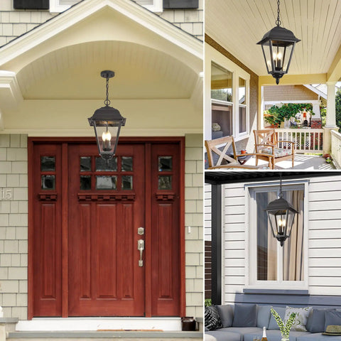 Large Outdoor Pendant Light With Two Lights, 13 Inch Tall Modern Black Exterior Hanging Fixture With Clear Glass shown in porch and patio settings