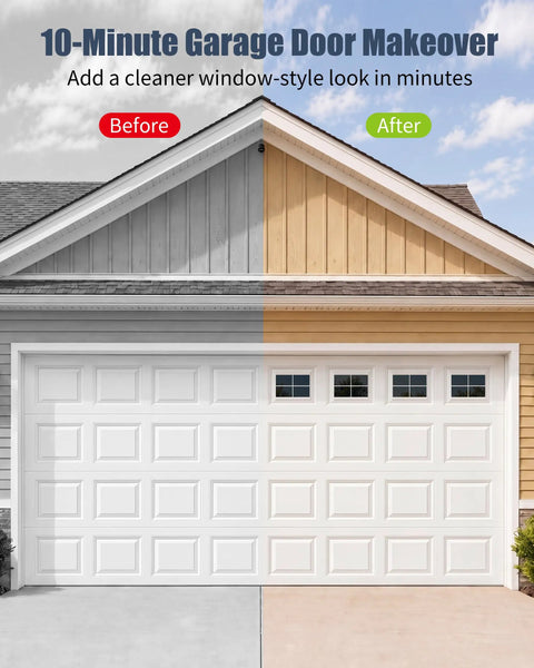 Faux Mirror Garage Window Panels Kit, 32-Piece Magnetic Window Inserts For 2-Car Garage Doors installed in makeover demonstration