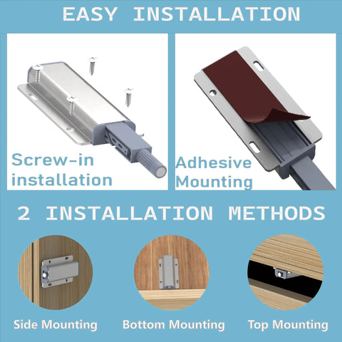 Installation guide for Sturdy Magnetic Push To Open Latch, showing screw-in and adhesive methods for cabinets.