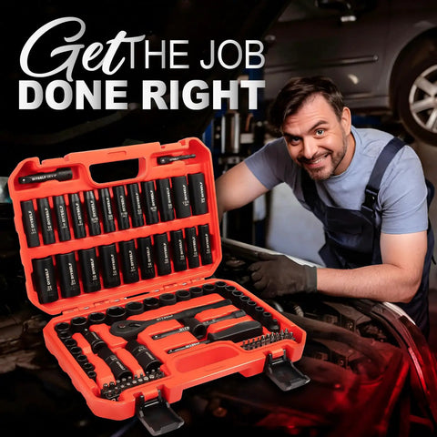 Three Eighths Inch Drive Socket Set For Any Garage Pro 95 Pieces Impact Kit With Cr V Steel SAE And Metric displayed in open case
