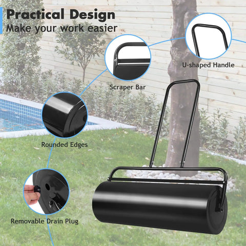 Heavy Duty Lawn Roller 17 Gallons Water Filled Sod Roller with steel drum and ergonomic handle details in park setting
