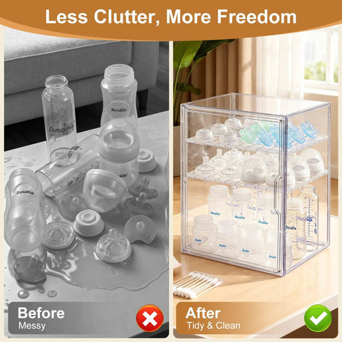Three Tier Baby Bottle Organizer With Removable Dividers For Bottles Nipples Pump Parts And Food Jars Clear Acrylic Bottle Station For Countertop And Kitchen Perfect Gift For Busy New Moms before and after use.