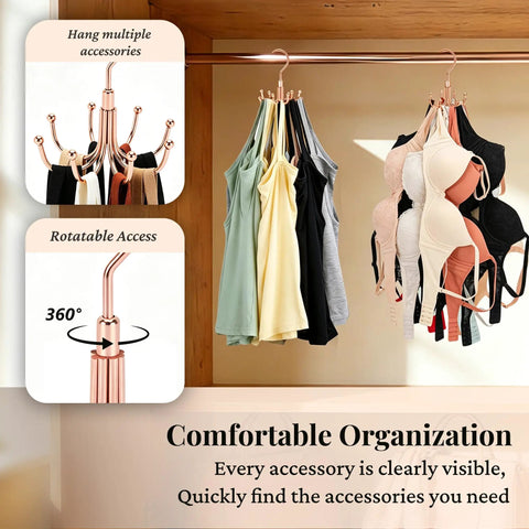 Rotating Rose Gold Closet Hangers For Bras Tanks Belt Ties 360 Degree Swivel Hook Multi Purpose Wardrobe Storage System holding bras and tanks