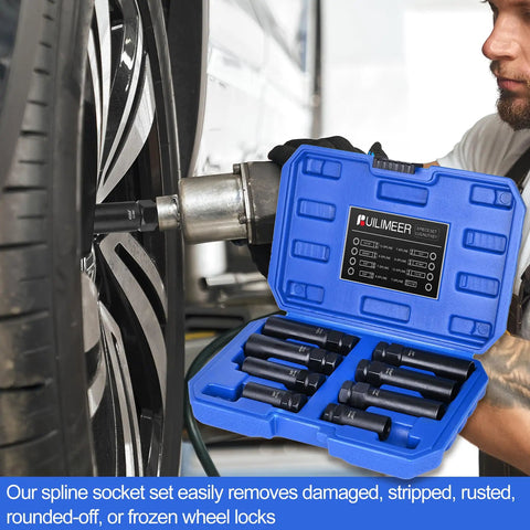 Mechanic using Spline Lug Nut Socket Set Eight Piece With Locking Lug Nut Removal Kit on wheel for quick tire service