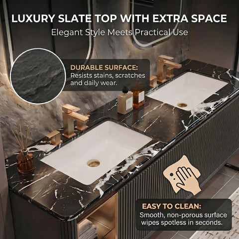 Luxury slate top of 80 Inch Double Sink Bathroom Vanity Featuring Two Smart Mirrors Plus A Luxurious Stone Top Sleek Modern Profile.