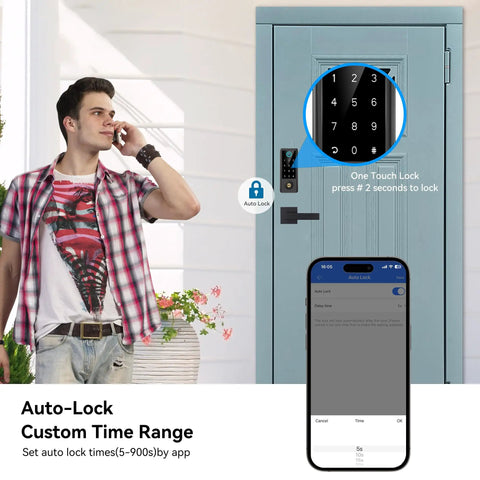 Man standing by a blue door using a smartphone to control the Smart Fingerprint Door Lock with app settings.