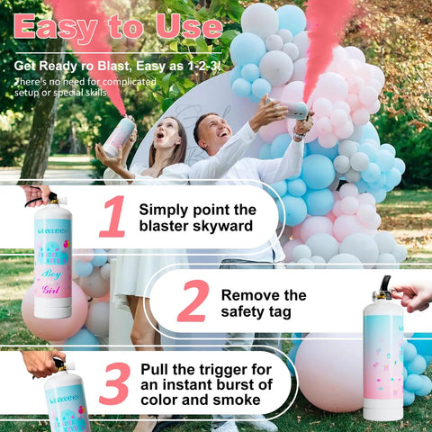 Game Changer Pink Gender Reveal Fire Extinguisher Prop Two Pack blasting colorful confetti outdoors with balloons in background.