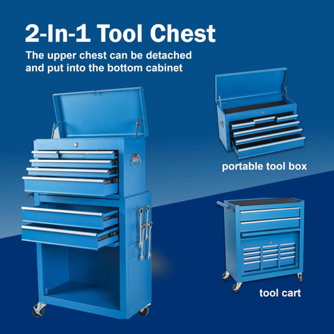 Blue 8 Drawer Rolling Tool Chest Hella Tough Shop Ready Design Detachable Top Bin With Cushioned Drawer Trays And Nifty Side Hooks For Hardworking Practical Pros in 2-in-1 display with movable parts.
