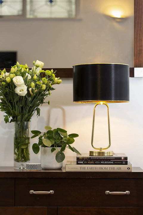 Dope Black Drum Lampshade With Spider Fitter And Harp Compatibility, 13 Inch Diameter And 8.5 Inch Height, on modern desk lamp.