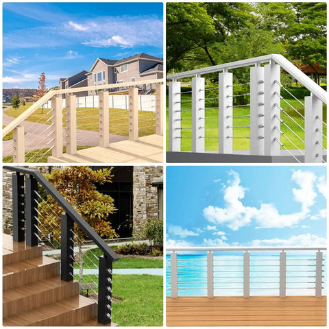 Collage of deck railings with 500 Ft Black Stainless Steel Cable Sleek Dope Look One Eighth Inch T316 Marine Grade Wire Rope