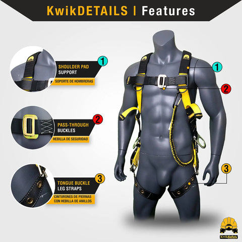 SUPERCELL Safety Harness 2 Pack Boss Level Full Body Fall Protection display with features labeled on mannequin