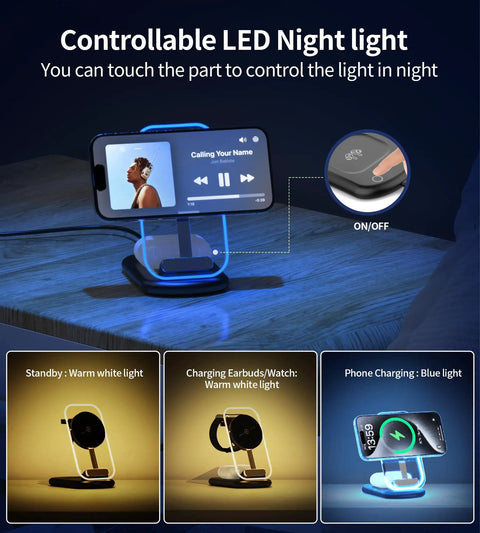 3 In 1 Magnetic Wireless Charging Station With MagSafe Foldable Travel Charger Stand And Night Light for iPhone and Apple devices.