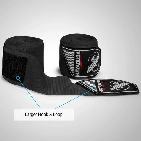 Premium Gym Grade Four Way Stretch Boxing Hand Wraps In Black with larger hook and loop fastening detail.