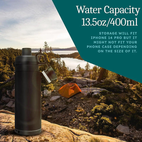 Water Bottle With Hidden Bottom Compartment Secret Storage For Cash Keys Cards Travel Gym Beach Outdoor Use against camping backdrop