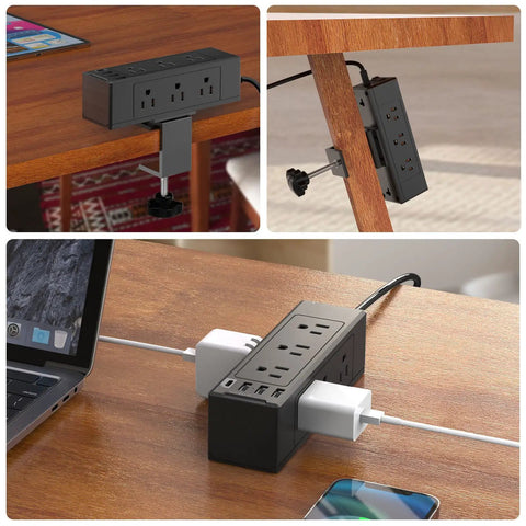 Desk Clamp Power Strip With USB C PD, 9 Outlets And 4 USB Ports, 13-In-One Charging Station mounted on wooden desk