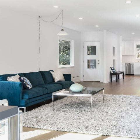 Living room with Single Light Pendant With Satin Nickel Finish And Alabaster Glass Shade Dimmable And Flexible Hardwired Or Plug In For Kitchen.