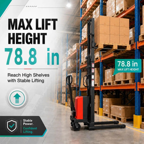 Heavy Duty Electric Pallet Jack Forklift Stacker With 3500 Lbs Capacity And Deep Lift Features showing 78.8 in max lift height in a warehouse.