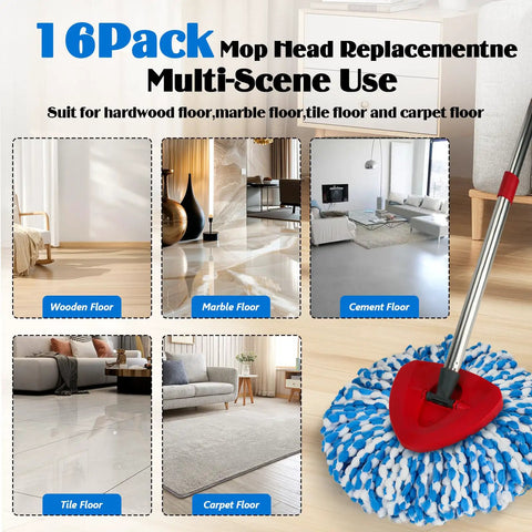 All-In-One Spin Mop Replacement Kit for RinseClean 2-Tank System With 16 Microfiber Refills, Scrubber Head, Triangle Base and Adjustable 31-63in Handle Built for EasyWring RinseClean Compatibility, red mop head on wood floor