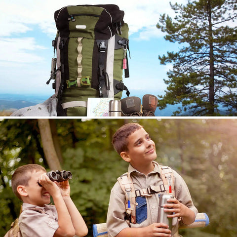 Backpack with Ten Pack Mini LED Keychain Flashlights With Hooks For Camping And Grab And Go Everyday Carry, kids exploring nature