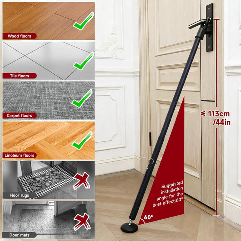 Image showing Two Pack Heavy Duty Metal Door Security Bars Adjustable For Hinged And Sliding Glass Doors on wood floor with installation tips.