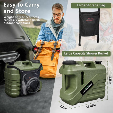 Portable Camping Shower With Built-In Water Jug And Pump, green 5-Gallon Food-Grade Water Tank, shown with storage bag and dimensions.